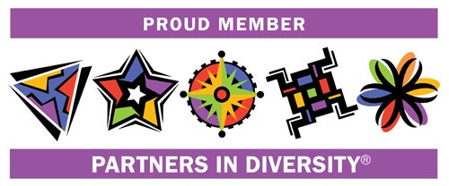 Logo for Partners in Diversity - text reads "Proud Member - Partners in Diversity." The primary color scheme of the logo is purple and white.