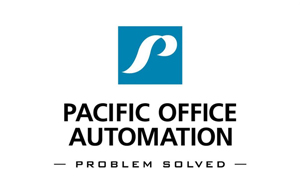 Pacific Office Automation Logo - icon is a blue square with white "P" on it. Text reads "Pacific Office Automation - Problem Solved - "