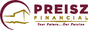 Preisz Financial Logo - icon is a mustard yellow silhouette of an office building with a burgundy circle around it. Text reads "Preisz Financial - Your Future... Our Passion" 