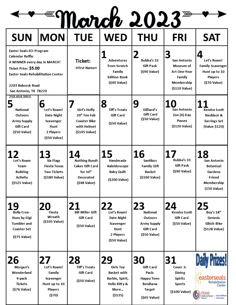 March 2023 Calendar with daily prizes listed to be raffled off