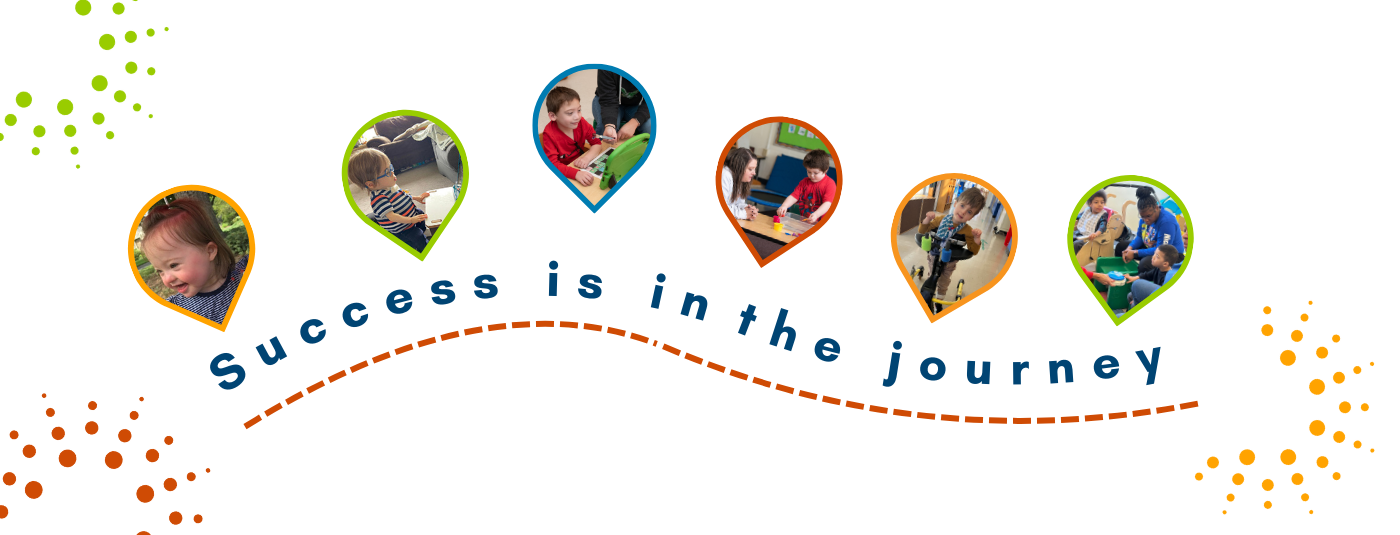 white background with images of children along an orange dotted line with the text, Success is in the journey