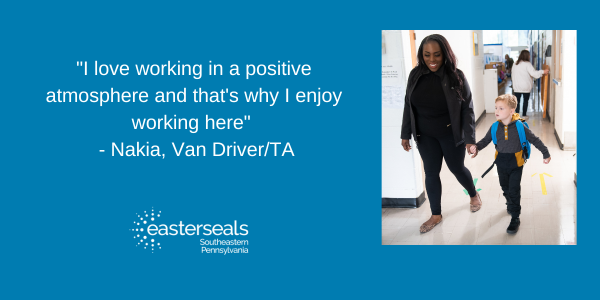 "I love working in a positive atmosphere and that's why I enjoy working here" - Nakia, Van Driver/TA with an image of a woman and a boy walking and holding hands