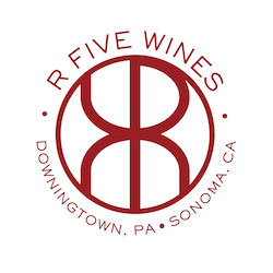 R5 Wines logo mirror image of red R in a circle with R Five Wines above and Downingtown, Pa and Sonoma, CA below