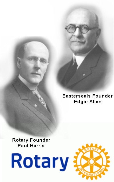 Two old time portraits of men, Edgar Allen and Paul Harris, with Rotary logo below