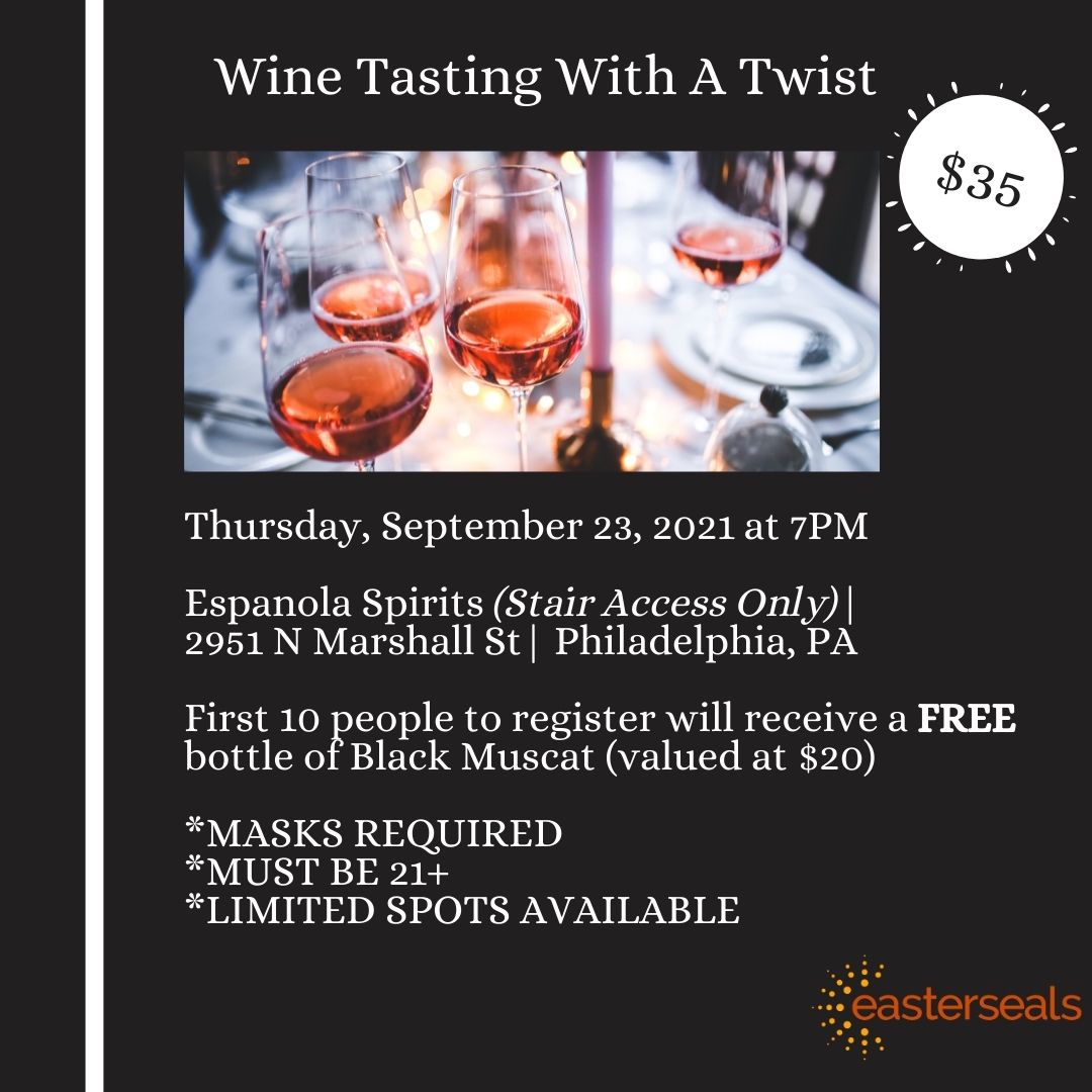 Wine glasses on a table at the top of a black square, below is text that reads Thrusday, September 23, 2021 at 7pm Espanola Spirits (Stair access only) 2951 N. Marshall St, Philadelphia, PA First 10 people to register will recieve a free bottle of Black Muscat (valued at $20) Masks required Must be 21+ Limited Spots available Event cost is $35