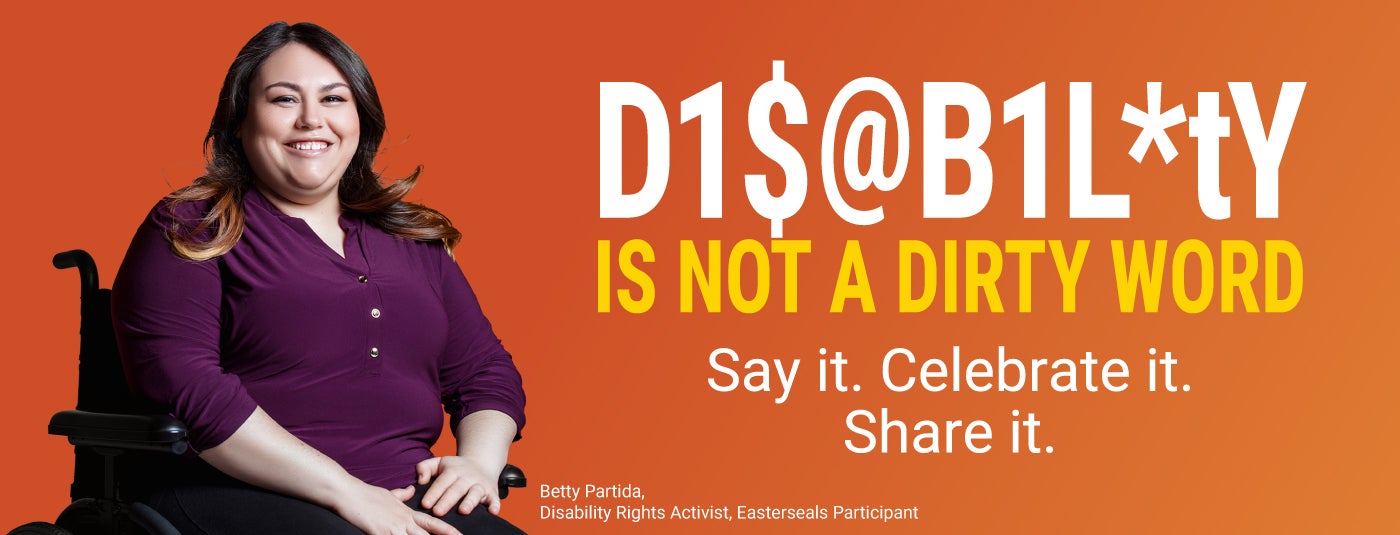 A graphic of Betty Partida smiling in a purple shirt with the Disability is Not a Dirty Word logo