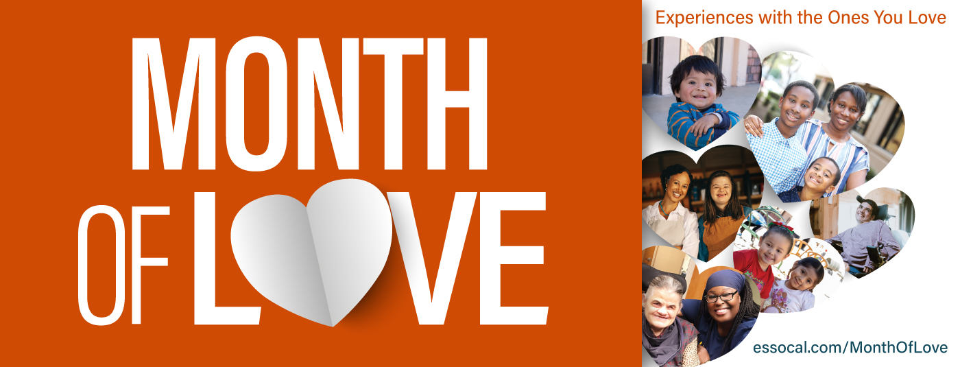 Month of Love with orange background and hearts with photos inside them