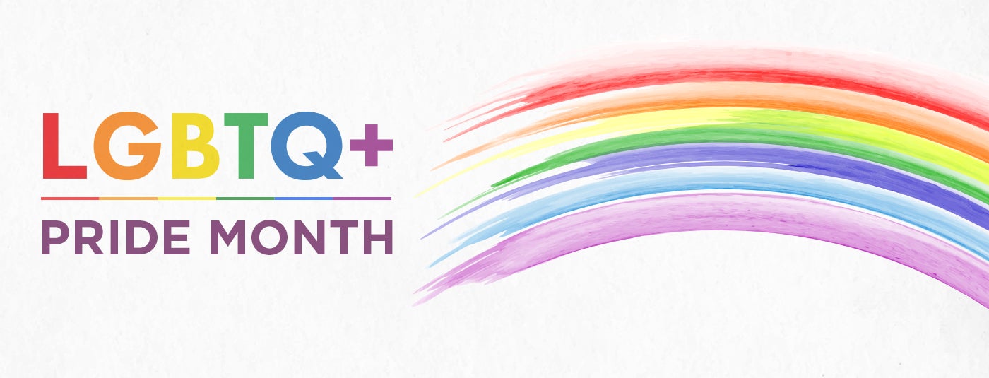 a graphic with a rainbow and the words LGBTQ+ Pride