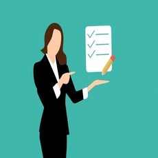 A graphic with a blue background and image of a woman in a business ensemble checking off a list 