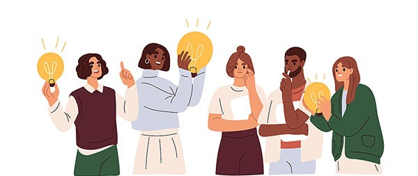 Different animated people thinking and holding lightbulbs