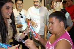 client picking out toothbrush