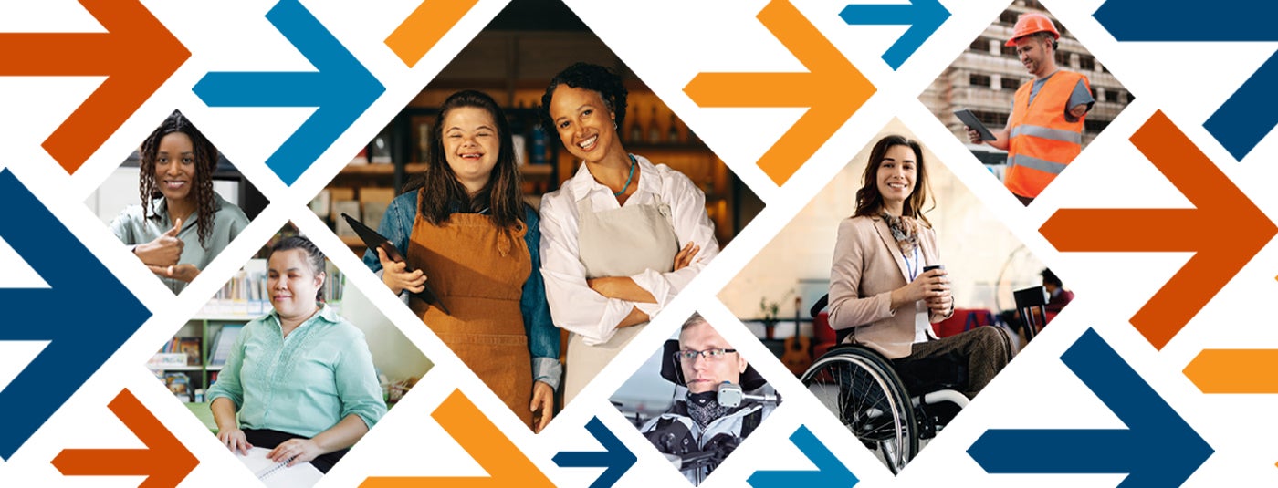 a graphi with colored arrows pointing forward and images of people with disabilities working