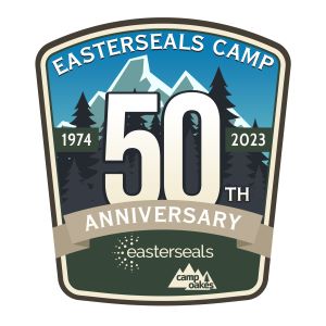 Easterseals Camp's 50th anniversary logo with mountains and trees in the background