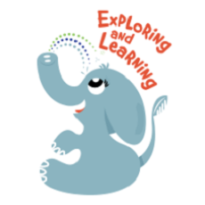 A light blue cartoon elephant with red bold letters that read explore and learn. 