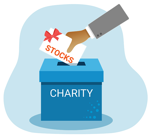 Drawing of a hand donating stock into a box