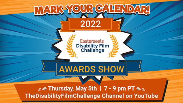 Superhero cartoon themed notice to Mark Calendars for Awards on Thursday, May 5 at 7 pm PT on YouTube Channel