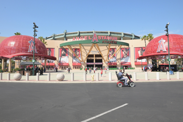 A still photo of Angels fans walking into the Angels Stadium in Anaheim. 