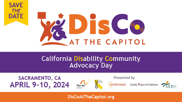 A colorful orange, purple, and white graphic announcing to save the date for DisCo at the capitol.