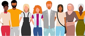 A diverse group of animated adults standing in a line with arms around each other