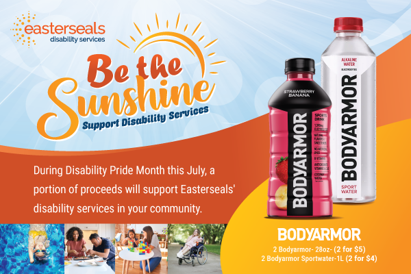 Easterseals logo and Bodyarmor bottles on a yellow and orange background