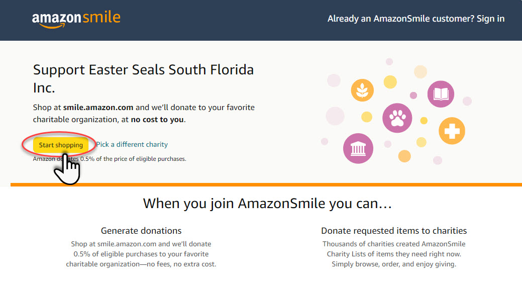 Amazon Smile Page for Easterseals South Florida