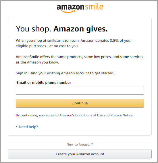 Amazon Smile Login Screen