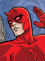 Man in a red tight costume, DD on his chest, a sonic sound eminating from his ear