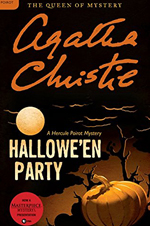 Cover is mostly black with a white moon shining on a pumpkin. Agatha Christie in big orange letters with the title below.