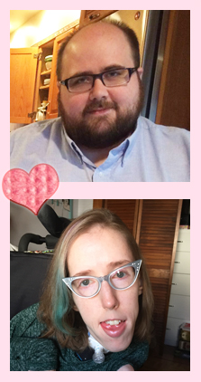 Man with glasses, beard, smiling. Below him a woman with glasses smiling. Photo framed like a photobook picture, pink heart to the left 