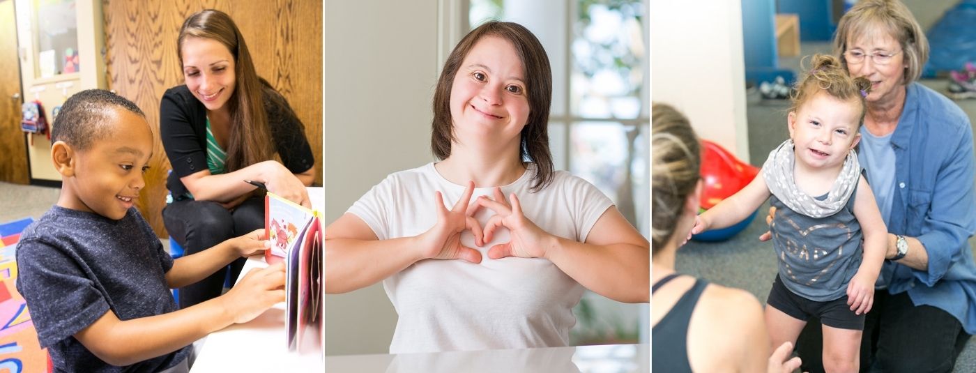 Speech therapy, girl making heart with hands, physical therapy