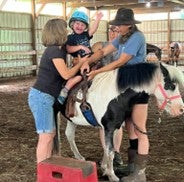 Child on horse being buckled in